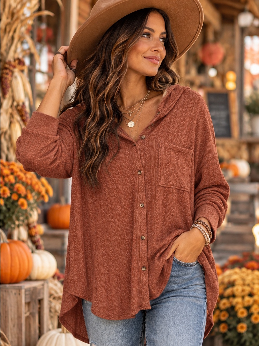BKE Women’s XL Rust Brown Textured Hooded Button Down Shirt Tunic
